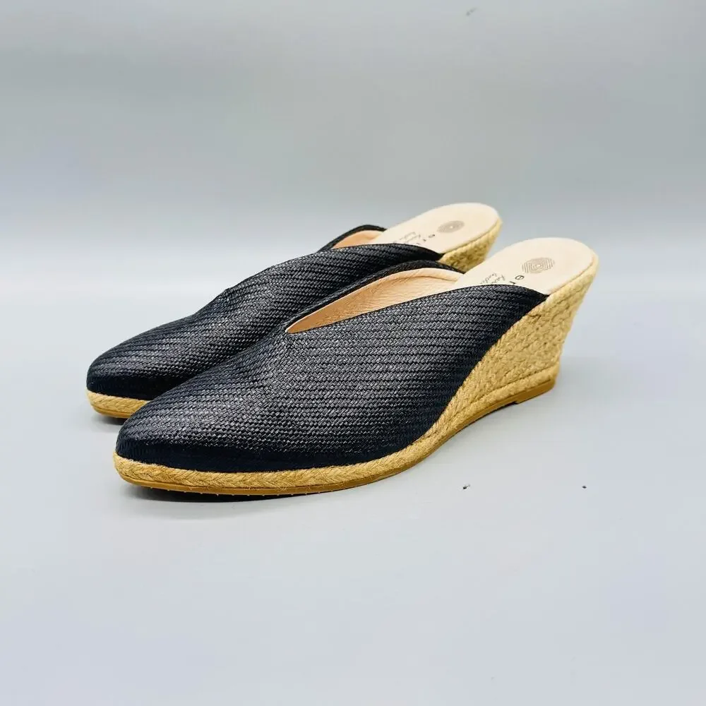 Eric Michael‎ Shoes Womens 8 Black Leather Espadrille Wedge Mule Heels Slip On